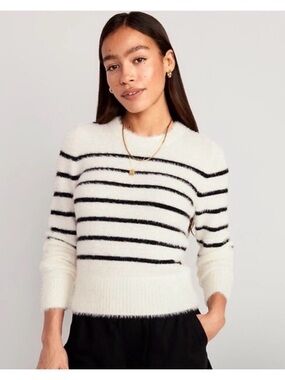 Old Navy Eyelash Fuzzy Crew Neck Sweater Stripe Cream Black Size XS